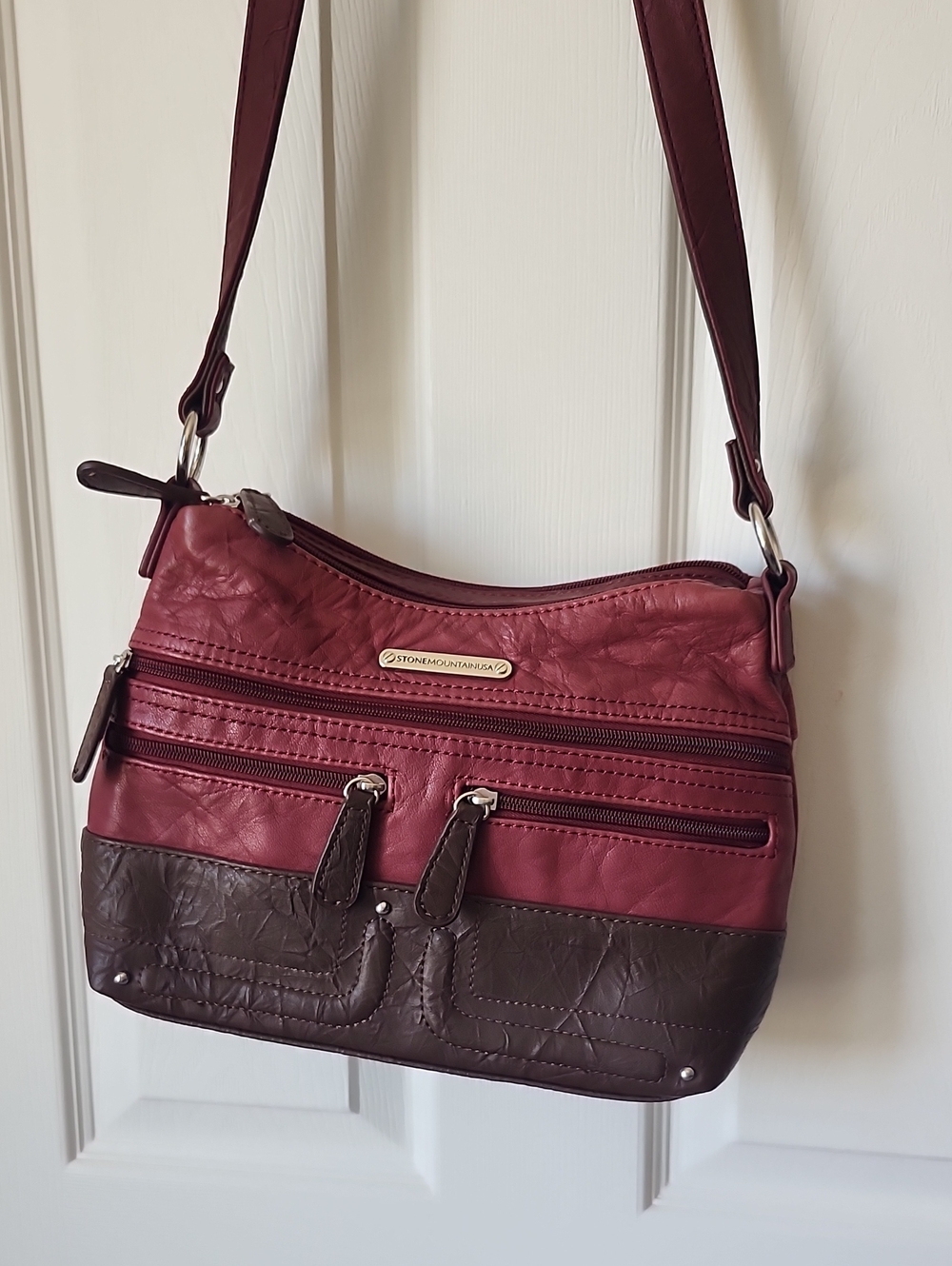 Stone Mountain USA Burgundy/Cranberry and Dark Brown Two-Tone Crossbody Bag
